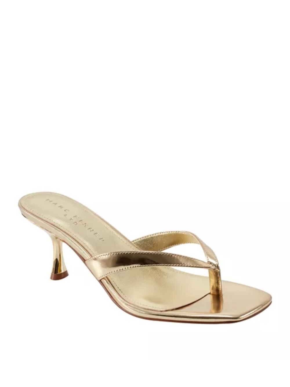 Marc Fisher leather Amelia Thong Kittle Heel Sandals Shoes 7.5 gold metallic